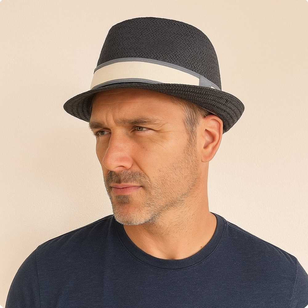 * Goorin Bros. Mens Navy Gray Woven Straw Fedora Hat With White Ribbon Band 100%